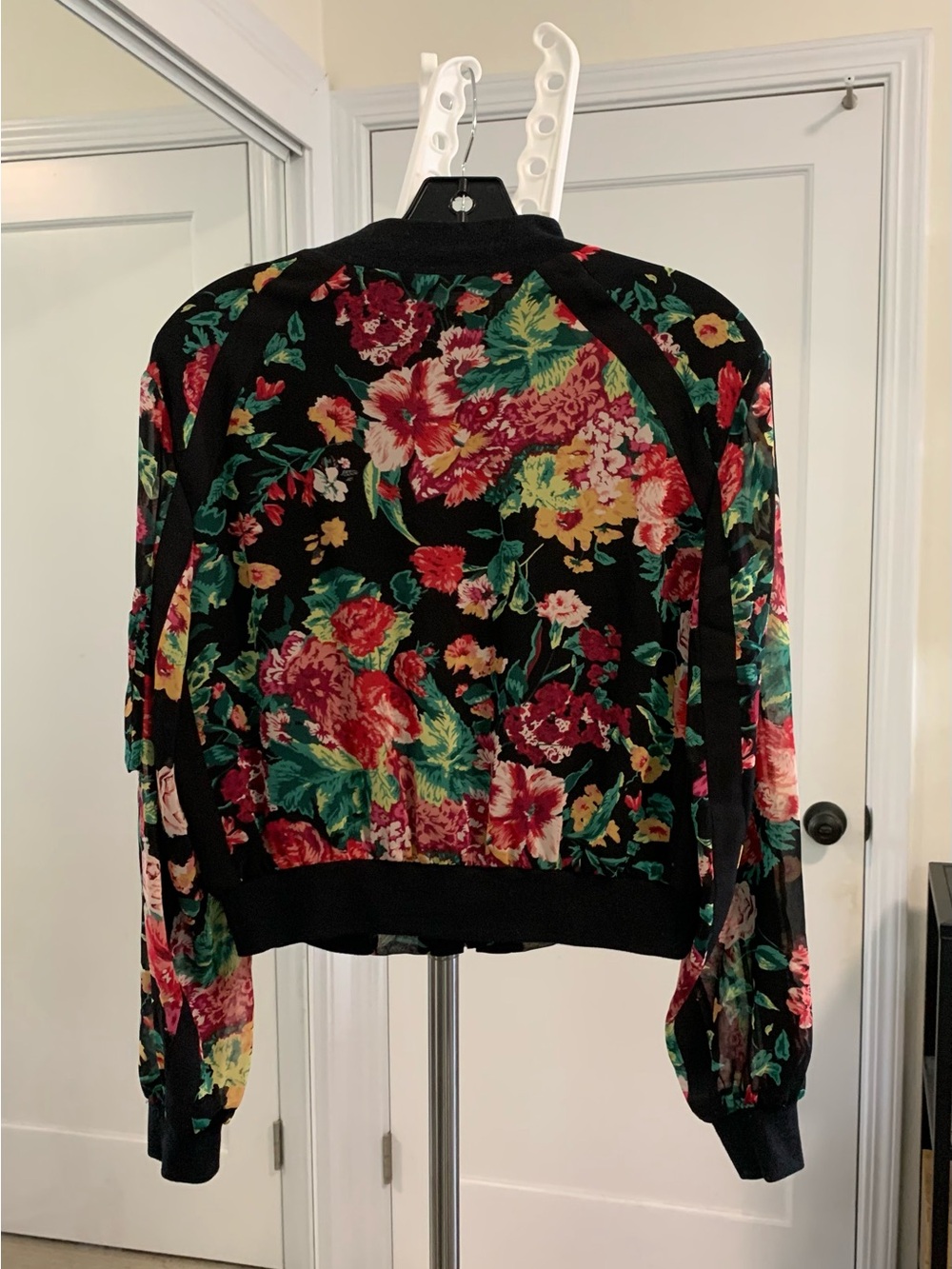 BCBGMaxAzria Black Floral Top / Bomber Jacket with Multicolor Blooms, Small - Picture 2 of 9